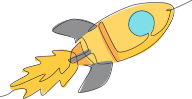 een single lijn tekening van gemakkelijk wijnoogst raket duurt uit in de buitenste ruimte grafisch illustratie. exploratie kosmos galactisch met ruimteschip concept. modern doorlopend lijn trek ontwerp png