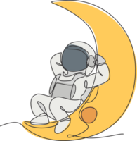 One single line drawing of space man astronaut exploring cosmic galaxy, leaning relax on crescent moon illustration. Fantasy outer space life fiction concept. Modern continuous line draw design png