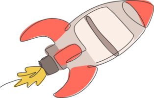 een single lijn tekening van gemakkelijk wijnoogst raket duurt uit in de buitenste ruimte grafisch illustratie. exploratie kosmos galactisch met ruimteschip concept. modern doorlopend lijn trek ontwerp png