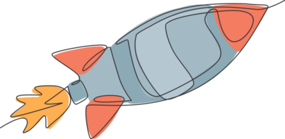 een single lijn tekening van gemakkelijk wijnoogst raket duurt uit in de buitenste ruimte grafisch illustratie. exploratie kosmos galactisch met ruimteschip concept. modern doorlopend lijn trek ontwerp png