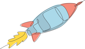 een single lijn tekening van gemakkelijk wijnoogst raket duurt uit in de buitenste ruimte grafisch illustratie. exploratie kosmos galactisch met ruimteschip concept. modern doorlopend lijn trek ontwerp png