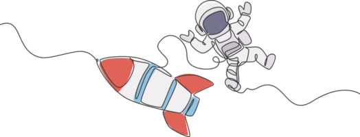 enda kontinuerlig linje teckning av astronaut i space flygande på yttre Plats med raket rymdskepp. vetenskap mjölkig sätt astronomi begrepp. trendig ett linje dra design grafisk illustration png