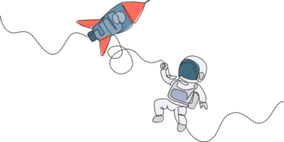 One single line drawing of astronaut in spacesuit floating and discovering deep space with rocket spaceship illustration. Exploring outer space concept. Modern continuous line draw design png