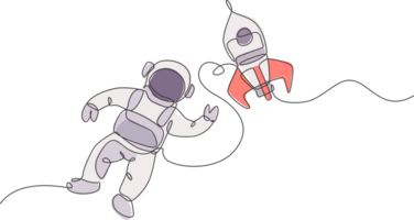 een single lijn tekening van astronaut in ruimtepak drijvend en ontdekken diep ruimte met raket ruimteschip illustratie. verkennen buitenste ruimte concept. modern doorlopend lijn trek ontwerp png