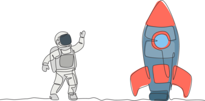 Single continuous line drawing of astronaut in spacesuit waving hand and saying good bye to the rocket spacecraft. Science milky way astronomy concept. Trendy one line draw design illustration png