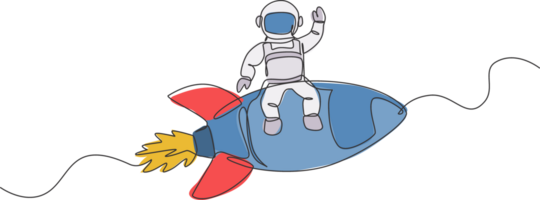 einer kontinuierlich Linie Zeichnung von Raumfahrer Astronaut winken Hand und sitzen auf fliegend Rakete. Kosmonaut Erkundung von äußere Raum Konzept. dynamisch Single Linie zeichnen Grafik Design Illustration png