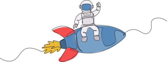 een doorlopend lijn tekening van ruimtevaarder astronaut golvend hand- en zitten Aan vliegend raket. kosmonaut exploratie van buitenste ruimte concept. dynamisch single lijn trek grafisch ontwerp illustratie png