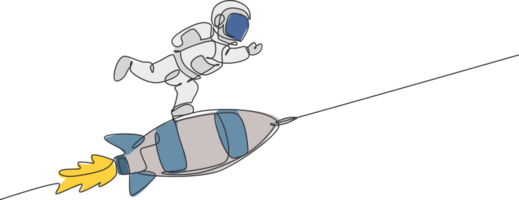 een enkele lijntekening van astronaut in ruimtepak die zweeft en diepe ruimte ontdekt terwijl hij bij de illustratie van het raketruimteschip staat. het verkennen van het ruimteconcept. modern ononderbroken lijntekeningontwerp png