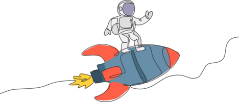 een enkele lijntekening van astronaut in ruimtepak die vliegt en diepe ruimte ontdekt terwijl hij op de illustratie van het raketruimteschip staat. het verkennen van het ruimteconcept. modern ononderbroken lijntekeningontwerp png