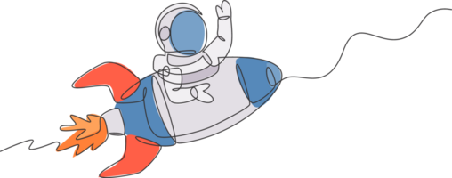 single doorlopend lijn tekening van astronaut in ruimtepak golvend hand- Bij buitenste ruimte met raket ruimtevaartuig. wetenschap melkachtig manier astronomie concept. modieus een lijn trek grafisch ontwerp illustratie png