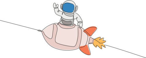 One continuous line drawing of spaceman astronaut science discovering cosmos galactic while waving hand from rocket. Exploration of outer space concept. Single line draw design illustration png
