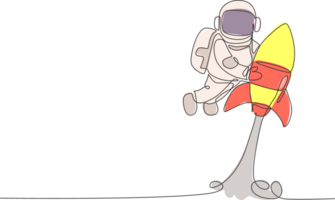 One single line drawing of astronaut in spacesuit floating and discovering deep space while holding rocket spaceship illustration. Exploring outer space concept. Modern continuous line draw design png