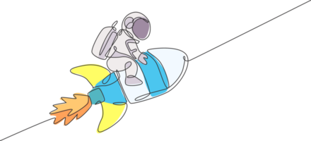 enda kontinuerlig linje teckning av astronaut i space flygande på yttre Plats medan Sammanträde och ridning raket rymdskepp. vetenskap astronomi begrepp. trendig ett linje dra design illustration png