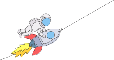 een doorlopend lijn tekening ruimtevaarder astronaut wetenschap ontdekken kosmos galactisch terwijl Holding raket. kosmonaut Bij buitenste ruimte concept. dynamisch single lijn trek ontwerp grafisch illustratie png