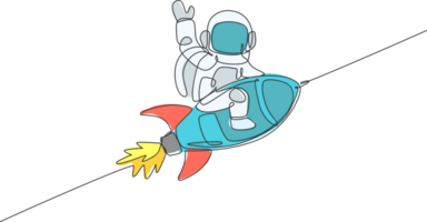 One single line drawing of astronaut in spacesuit floating and discovering deep space while sitting on rocket spaceship illustration. Exploring outer space concept. Modern continuous line draw design png