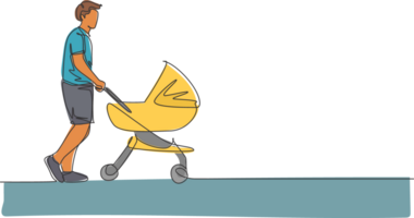 ett enda linje teckning av ung Lycklig far tryckande bebis vagn på utomhus- parkera grafisk illustration. föräldraskap utbildning begrepp. modern kontinuerlig linje dra design png