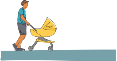 un Célibataire ligne dessin de Jeune content père pousser bébé chariot à Extérieur parc graphique illustration. parentalité éducation concept. moderne continu ligne dessiner conception png