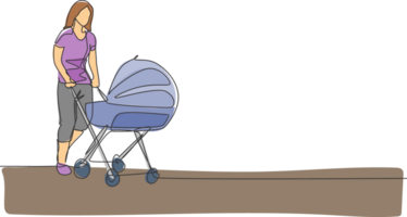 1 contínuo linha desenhando do jovem feliz mãe empurrando bebê carrinho às ao ar livre parque. feliz amoroso parentalidade família conceito. dinâmico solteiro linha desenhar gráfico Projeto ilustração png