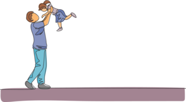 1 contínuo linha desenhando do jovem feliz pai levantando dele filha acima dentro a ar, família jogar junto. feliz amoroso parentalidade família conceito. dinâmico solteiro linha desenhar Projeto ilustração png
