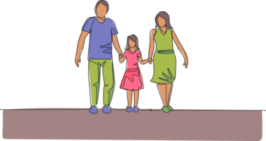 One continuous line drawing of young happy mom and dad lead their daughter walking together. Happy loving parenting family concept. Dynamic single line draw graphic design vector illustration png