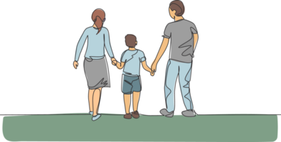 un Célibataire ligne dessin de Jeune content mère et père conduire leur fils en marchant ensemble, en portant le sien mains graphique illustration. parentalité éducation concept. moderne continu ligne dessiner conception png