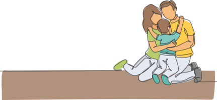Single continuous line drawing of young happy mother and father hugging their lovely son together full of warmth. Happy family concept. Trendy one line draw graphic design illustration png