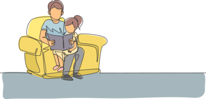 One continuous line drawing young dad siting on sofa and reading a storybook to his daughter at home, family life. Happy parenting concept. Dynamic single line draw design graphic illustration png