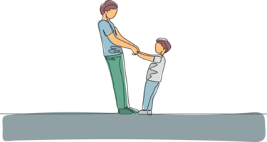 un continu ligne dessin de Jeune père et le sien fils en portant mains et dansant ensemble à maison, famille vie. content parentalité concept. dynamique Célibataire ligne dessiner conception illustration graphique png