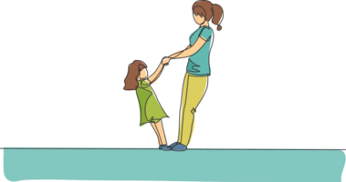 Single continuous line drawing of young mother and her daughter holding hands and dancing together at home. Happy family parenting concept. Trendy one line draw graphic design illustration png