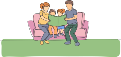 ett ett enda linje teckning av ung Lycklig far och mor lokaliserings på soffa till läsa en berättelse bok till deras barn tillsammans illustration. föräldraskap utbildning begrepp. modern kontinuerlig linje dra design png