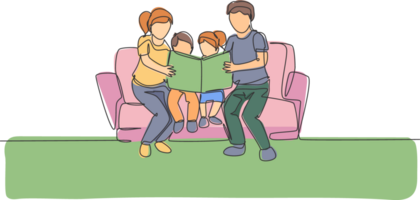 einer einer Single Linie Zeichnung von jung glücklich Vater und Mutter Standort auf Sofa zu lesen ein Geschichte Buch zu ihr Kinder zusammen Illustration. Erziehung Bildung Konzept. modern kontinuierlich Linie zeichnen Design png