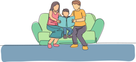 Single kontinuierlich Linie Zeichnung jung Mama und Papa Sitzung auf Sofa und lesen ein Geschichte Buch zu ihr Sohn beim heim. glücklich Familie Erziehung Konzept. modisch einer Linie zeichnen Design Grafik Illustration png