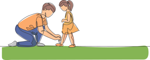 un Célibataire ligne dessin de Jeune papa attacher sa fille les lacets avant aller à école , parentalité illustration. content famille en jouant ensemble concept. moderne continu ligne dessiner graphique conception png