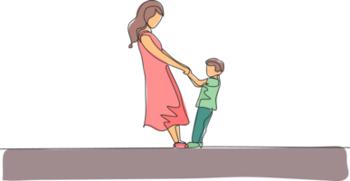 uno soltero línea dibujo joven contento mamá y su hijo participación manos y bailando juntos gráfico ilustración. paternidad educación. familia paternidad concepto. moderno continuo línea dibujar diseño png