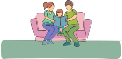 Single continuous line drawing of young mother and father siting on sofa reading a storybook to their daughter at home. Happy family parenting concept. Trendy one line draw design illustration png