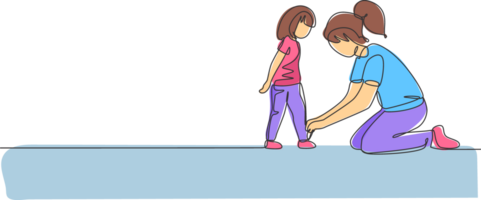 Single continuous line drawing of young mother tying her daughter shoelaces at home before go to school, parenthood. Family parenting concept. Trendy one line draw design graphic illustration png