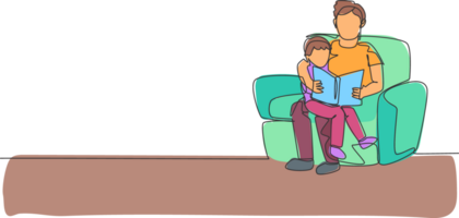 One continuous line drawing young father siting on sofa and reading a story book to his son at home, family life. Happy parenting concept. Dynamic single line draw design illustration graphic png