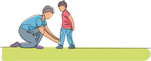 One single line drawing young father tying his son shoelaces before go to school, parenting time illustration. Happy family playing together concept. Modern continuous line graphic draw design png