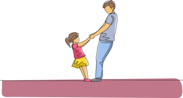 One single line drawing young happy dad and his daughter holding hands and dancing together at home graphic illustration. Family parenting education concept. Modern continuous line draw design png