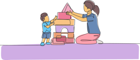 un Célibataire ligne dessin de Jeune maman en jouant avec sa fils bâtiment une maison de mousse puzzle bloquer jouet, parentalité illustration. content famille en jouant ensemble concept. continu ligne dessiner conception png