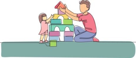 ett kontinuerlig linje teckning av ung Lycklig far spelar bygga en tegel hus med härlig dotter på Hem. familj föräldraskap begrepp. dynamisk enda linje dra design grafisk illustration png