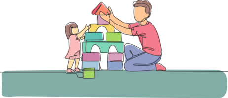 un continu ligne dessin de Jeune content père en jouant construire une brique maison avec charmant fille à maison. famille parentalité concept. dynamique Célibataire ligne dessiner conception graphique illustration png