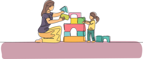 Single continuous line drawing of young mother playing with daughter building house from foam puzzle blocks toy at home, parenthood. Family parenting concept. One line draw design illustration png