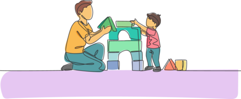 un continu ligne dessin de Jeune content papa en jouant avec fils bâtiment maison de mousse puzzle bloquer jouet à maison. famille temps parentalité concept. dynamique Célibataire ligne dessiner conception illustration png