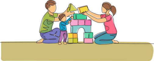 One continuous line drawing of young happy mother and father playing with son building house from foam puzzle blocks toy at home. Family parenting concept. Single line draw design illustration png