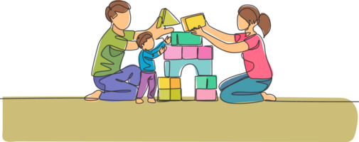 un continu ligne dessin de Jeune content mère et père en jouant avec fils bâtiment maison de mousse puzzle blocs jouet à maison. famille parentalité concept. Célibataire ligne dessiner conception illustration png