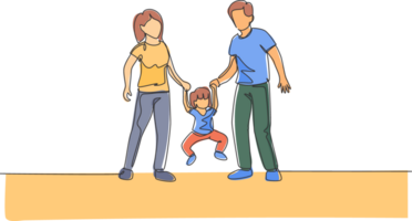 One continuous line drawing of young happy mother and father playing with their daughter, lifting and swinging at home. Family parenting concept. Dynamic single line draw design illustration png