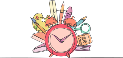 Célibataire un ligne dessin de école outils ensemble, alarme horloge, livre, stylo, crayon, règle. retour à école minimaliste, éducation concept. continu Facile ligne dessiner style conception graphique illustration png