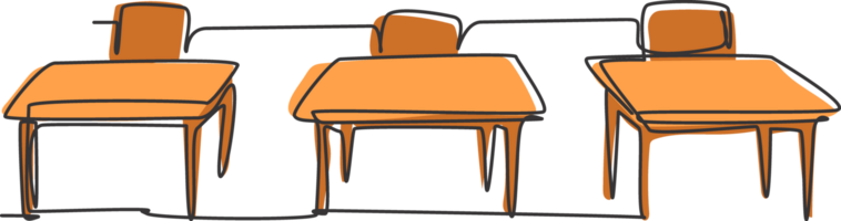 Célibataire un ligne dessin de école chaise et table à l'intérieur une Jardin d'enfants Salle de classe. retour à école minimaliste, éducation concept. continu Facile ligne dessiner style conception graphique illustration png