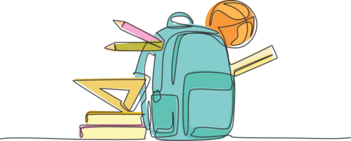 Single one line drawing of school bag, basket ball, ruler, pencil and pen set. Back to school minimalist, education concept. Continuous simple line draw style design graphic illustration png
